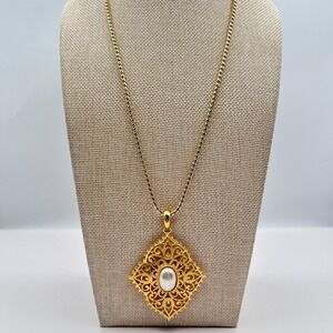 Vintage 70s Biagi Gold Tone Filigree White Pearl Statement Pendant Necklace